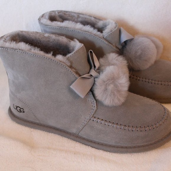 UGG KALLEN GRAY POM SUEDE SLIPPERS HOUSE‎ SHOES - Picture 7 of 8